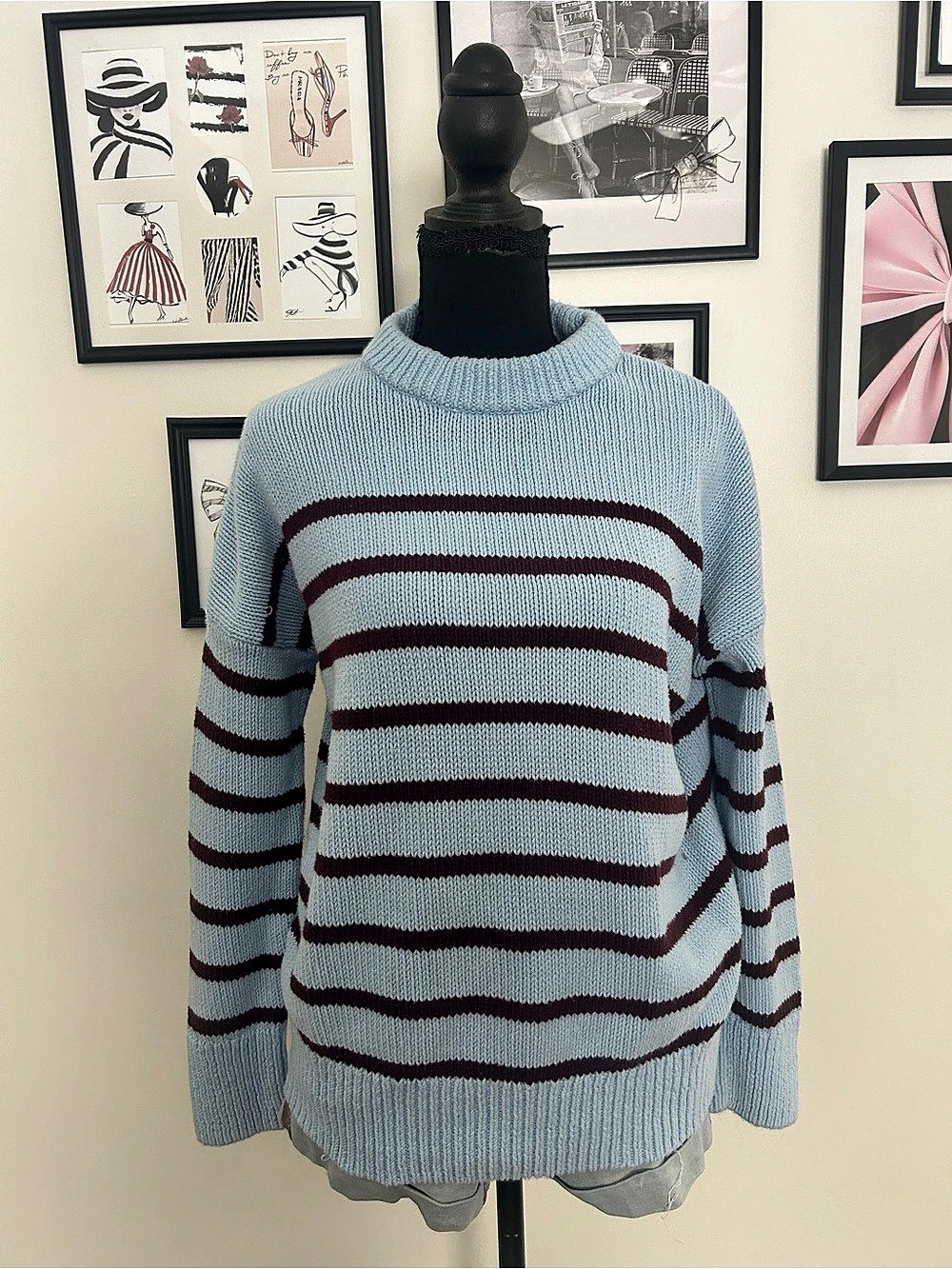 LOFT Striped Rib Trim Mock Neck Sweater in Light Blue & Maroon